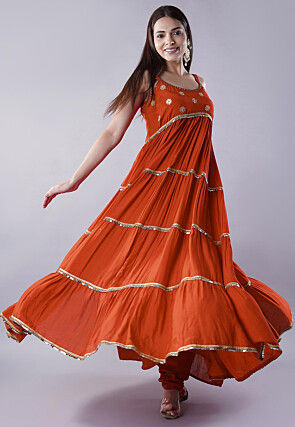 Lace Border Muslin Silk Tiered Abaya Style Suit in Dark Orange