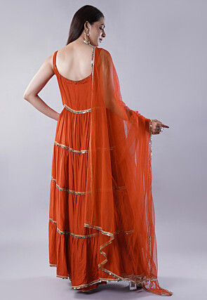 Lace Border Muslin Silk Tiered Abaya Style Suit in Dark Orange