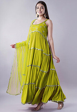 Lace Border Muslin Silk Tiered Abaya Style Suit in Light Green