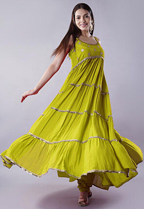 Lace Border Muslin Silk Tiered Abaya Style Suit in Light Green