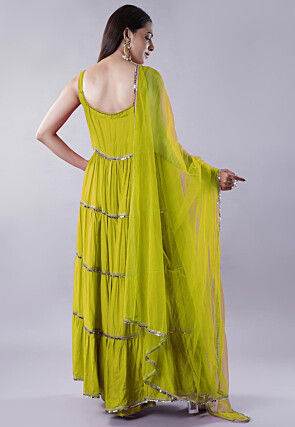 Lace Border Muslin Silk Tiered Abaya Style Suit in Light Green