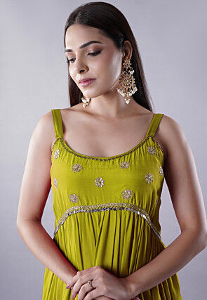 Lace Border Muslin Silk Tiered Abaya Style Suit in Light Green