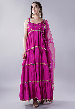 Lace Border Muslin Silk Tiered Abaya Style Suit in Magenta