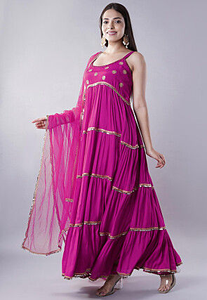 Lace Border Muslin Silk Tiered Abaya Style Suit in Magenta