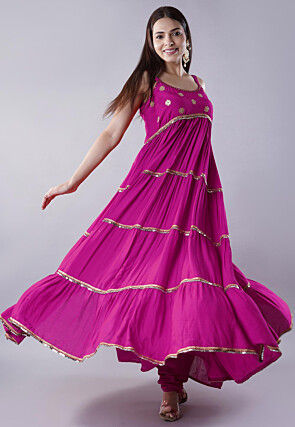 Lace Border Muslin Silk Tiered Abaya Style Suit in Magenta