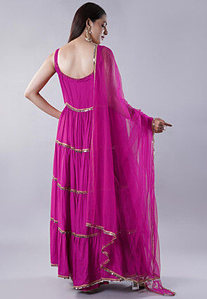 Lace Border Muslin Silk Tiered Abaya Style Suit in Magenta