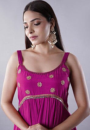 Lace Border Muslin Silk Tiered Abaya Style Suit in Magenta