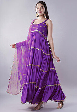 Lace Border Muslin Silk Tiered Abaya Style Suit in Purple