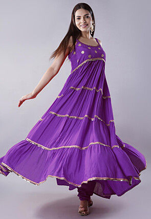 Lace Border Muslin Silk Tiered Abaya Style Suit in Purple
