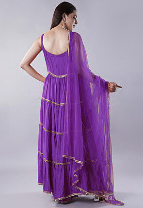 Lace Border Muslin Silk Tiered Abaya Style Suit in Purple