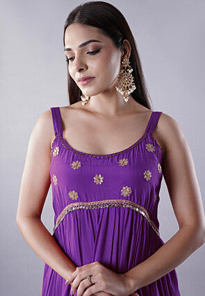 Lace Border Muslin Silk Tiered Abaya Style Suit in Purple