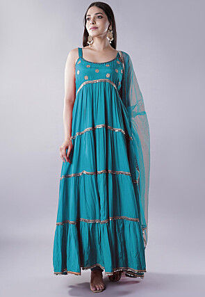 Lace Border Muslin Silk Tiered Abaya Style Suit in Teal Blue