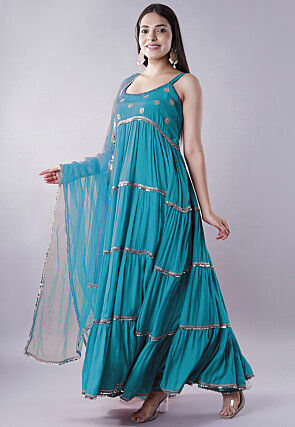 Lace Border Muslin Silk Tiered Abaya Style Suit in Teal Blue