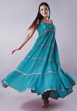 Lace Border Muslin Silk Tiered Abaya Style Suit in Teal Blue