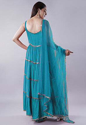 Lace Border Muslin Silk Tiered Abaya Style Suit in Teal Blue