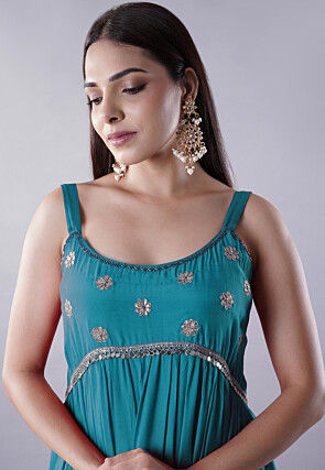 Lace Border Muslin Silk Tiered Abaya Style Suit in Teal Blue