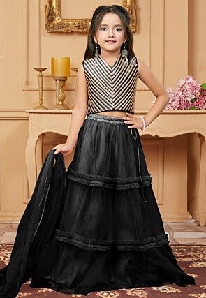 Lace Border Net Lehenga in Black