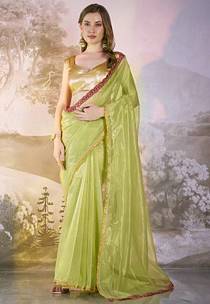 Lace Border Net Saree in Light Green