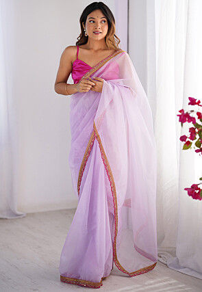 Lace Border Net Saree in Light Purple