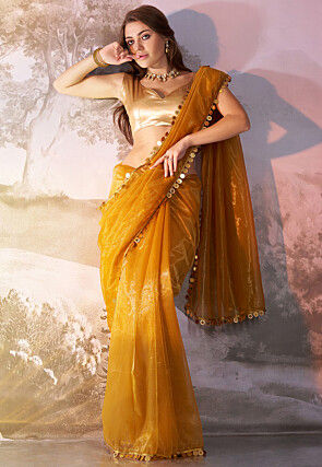 Lace Border Net Saree in Mustard
