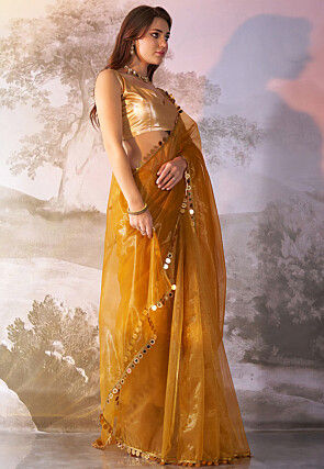Lace Border Net Saree in Mustard