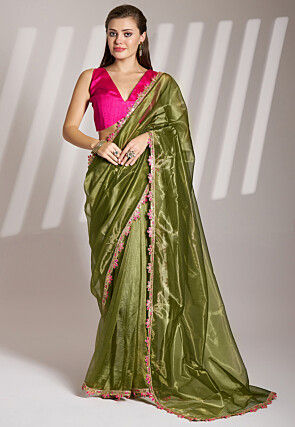 Lace Border Net Saree in Olive Green