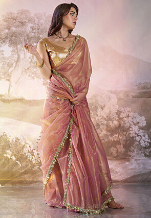 Lace Border Net Saree in Peach