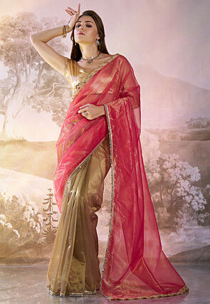 Lace Border Net Saree in Pink and Golden