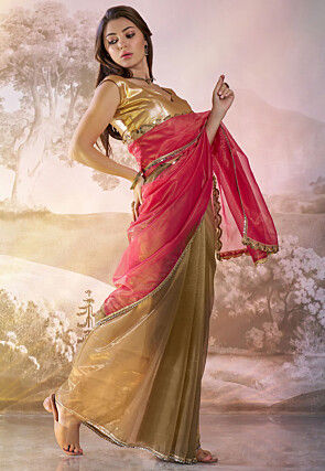 Lace Border Net Saree in Pink and Golden