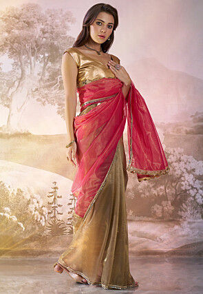 Lace Border Net Saree in Pink and Golden