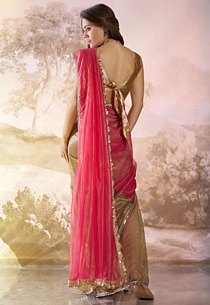 Lace Border Net Saree in Pink and Golden