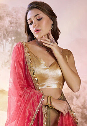 Lace Border Net Saree in Pink and Golden