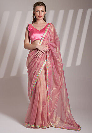 Lace Border Net Saree in Pink