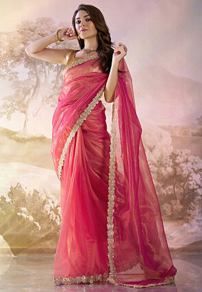 Lace Border Net Saree in Pink