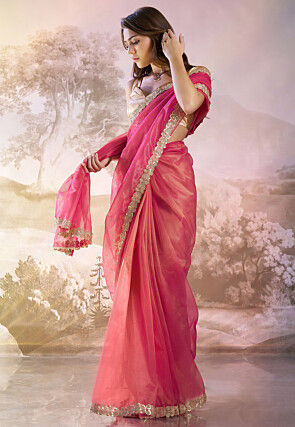 Lace Border Net Saree in Pink