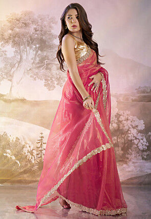 Lace Border Net Saree in Pink