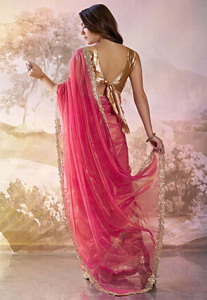 Lace Border Net Saree in Pink
