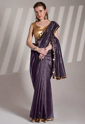 Lace Border Net Saree in Purple