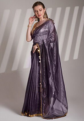 Lace Border Net Saree in Purple