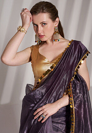 Lace Border Net Saree in Purple