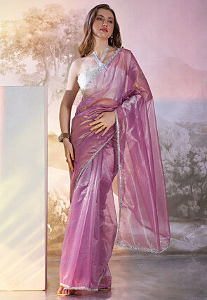 Lace Border Net Saree in Purple
