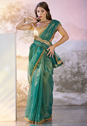 Lace Border Net Saree in Teal Blue