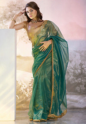 Lace Border Net Saree in Teal Blue
