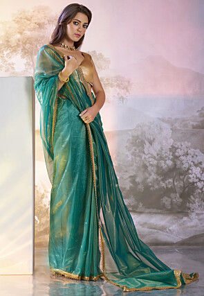 Lace Border Net Saree in Teal Blue