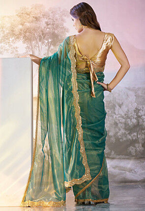 Lace Border Net Saree in Teal Blue