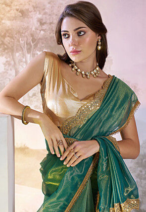 Lace Border Net Saree in Teal Blue