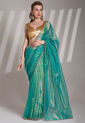 Lace Border Net Saree in Teal Blue