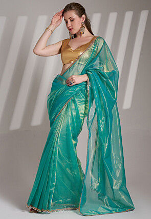 Lace Border Net Saree in Teal Blue