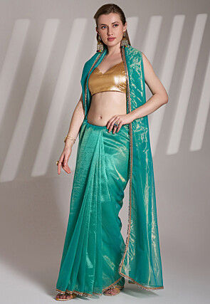 Lace Border Net Saree in Teal Blue