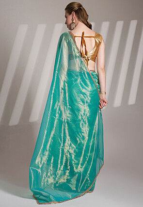 Lace Border Net Saree in Teal Blue